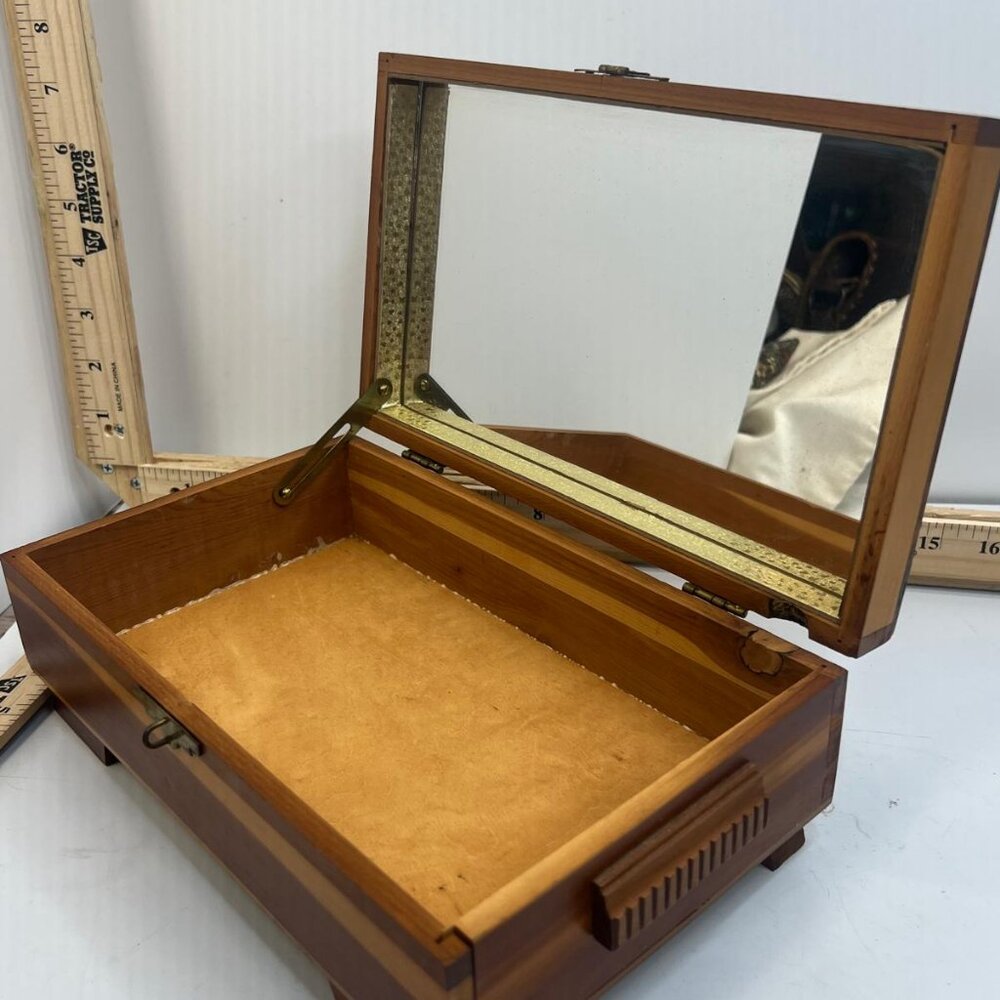 Vintage Wooden Jewelry Box with Brass Latch and Mirror Decorative Storage Chest - Picture 2 of 7